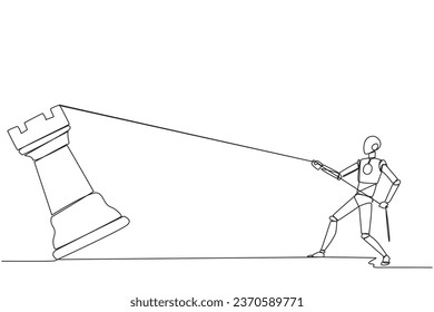 Single one line drawing smart robot future technology pulling big rook chess with rope. Business achievement goal, strategy, competitive, strategic concept. Continuous line design graphic illustration