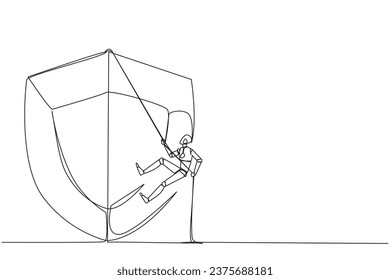 Single one line drawing smart robot climbs shield with rope. Working to help clients secure servers from virus attacks. Check each layer. Smart work hard. Continuous line design graphic illustration