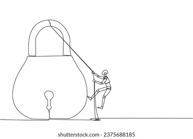 Single one line drawing smart robot climbing padlock with rope. Do the best to privatize the business. Sole owner. The result of smart hard work. Satisfied. Continuous line design graphic illustration