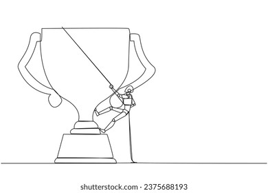 Single one line drawing smart robot climbing the trophy with the rope. Expanding branding by winning many awards. Connecting relationships. Mutual benefit. Continuous line design graphic illustration