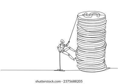 Robot inteligente de dibujo de una sola línea trepa la pila de monedas con cuerda. El emprendedor se esfuerza por escalar la cuerda para alcanzar la cima de las monedas. Trabajo duro inteligente. Ilustración gráfica de diseño de línea continua