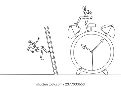 Single one line drawing smart robot kicks opponent who climbs the alarm clock with ladder. Arrogance. No need for colleagues to complete many deadlines. Continuous line design graphic illustration