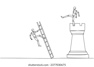 Single one line drawing smart robot kicks opponent who climbing the chess rook with ladder. Wrong move. Wrong strategy. Plan leaked by colleague. Traitor. Continuous line design graphic illustration