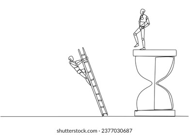 Single one line drawing smart robot kicks opponent who is climbing the hourglass with a ladder. Not able to complete deadlines well. Dropped roughly. Rival. Continuous line design graphic illustration