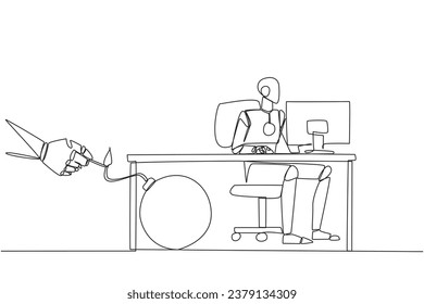 Robot inteligente de dibujo de una sola línea que escribe en un escritorio de computadora. Atrapado por un socio comercial. Una bomba que podría explotar en cualquier momento. Traicionado por un colega. Ilustración gráfica de diseño de línea continua