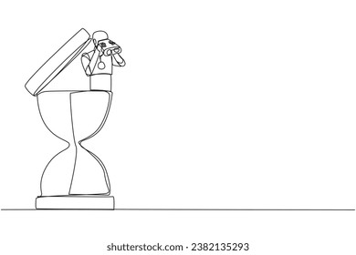 Single one line drawing a smart robot emerges from the hourglass looking for something through binoculars. Scan. Analyze time. The deadline coming soon. Continuous line design graphic illustration