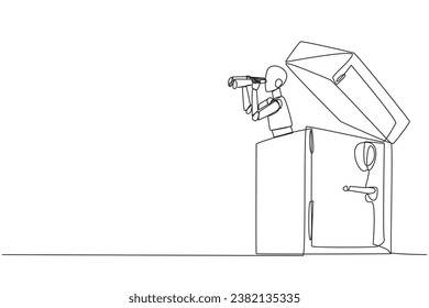 Single one line drawing a smart robot emerges from safe deposit box looking for something with binoculars. Scan. Analyzing security. Advanced requirements. Continuous line design graphic illustration