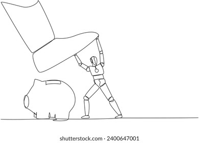 Single one line drawing smart robot holds back giant foot wants to step on piggy bank. Maintain investment value to remain high. Future technology concept. Continuous line design graphic illustration