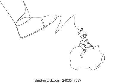 Single one line drawing smart robot riding a piggy bank runs away from giant foot. Move some investments to places that promise security. Future technology. Continuous line design graphic illustration