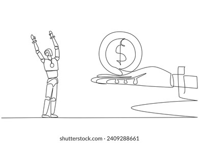 Single one line drawing a smart robot excited to get dollar symbol coin from a giant hand. Intelligence increases by a level. Able to know money. Future AI. Continuous line design graphic illustration