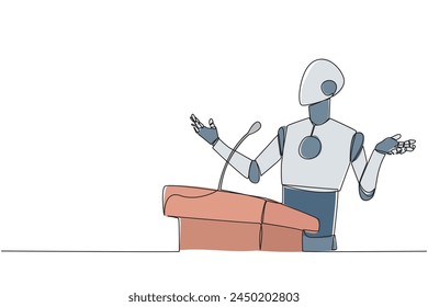 Single one line drawing smart robotic speaking at the podium while opening hands. Explain the history of the company to become a multinational company. Continuous line design graphic illustration