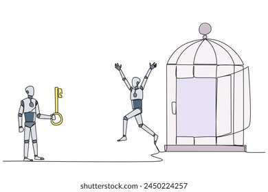 Single one line drawing smart robot who was free by colleague from the trap of a cage. Teamwork metaphor. Growing business together. Great relationship. Continuous line design graphic illustration