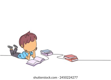 Single one line drawing smart boy reading books happily. Good reading interest. Really enjoy reading story books. Reading everywhere. Book festival concept. Continuous line design graphic illustration