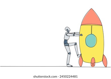 Single one line drawing smart robot and rocket. Get ready to ride rocket that will launch. Metaphors bring business success. Robot artificial intelligence. Continuous line design graphic illustration