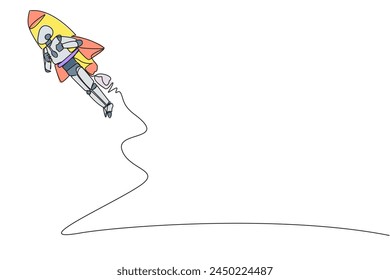 Eine Linie zeichnet einen intelligenten Roboter, der mit einer Rakete fliegt. Lust, das Geschäft zum Mond zu bringen. Erfolgreicher Unternehmer. Der klügste Roboter. In: AI Tech. grafische Darstellung der durchgehenden Linie