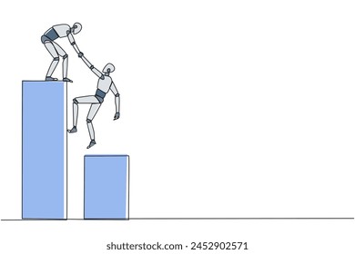La robótica inteligente de dibujo de una sola línea ayuda a un colega a subir el gráfico de barras grandes. Ayuda a subir a tierras más altas. Avancemos y triunfemos juntos. Trabajo en equipo. Ilustración gráfica de diseño de línea continua