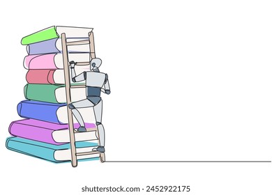 Single one line drawing smart robot climbs a large stack of books with a ladder. World window book metaphor. Reading increases knowledge. Future technology. Continuous line design graphic illustration
