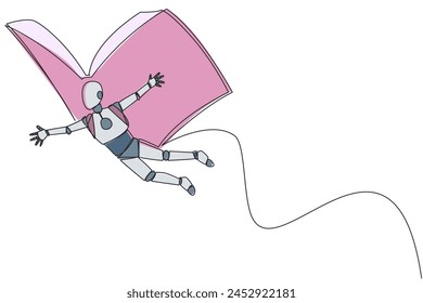Single one line drawing smart robot flying with wings that come from open big book. The metaphor carried away with the storyline. Constructive fantasy. Continuous line design graphic illustration