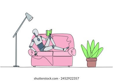 Single one line drawing smart robot sitting stretched out on sofa reading book. Really like content of the book reading on each page. Impressive. Love read. Continuous line design graphic illustration
