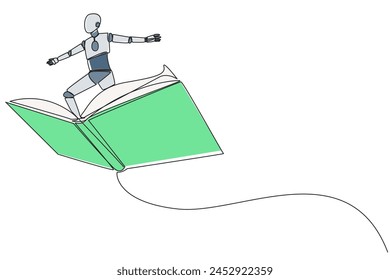 Single one line drawing smart robotic standing on large flying open book. Like riding a cloud, able to fly as high as possible. Reading increase insight. Continuous line design graphic illustration
