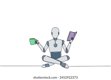 Single one line drawing smart robot sitting cross-legged reading book. Accompanied by mug of coffee to make reading more interesting. Knowledge. Calmness. Continuous line design graphic illustration