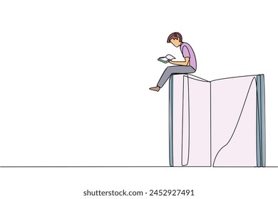 Single one line drawing smart happy man sitting on a big open book reading a book. Serious and focus learning increases insight. Book festival concept. Continuous line design graphic illustration