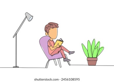 Single one line drawing smart boy sitting reading in a room with a reading lamp. Spending school holidays increasing knowledge by reading books. Love read. Continuous line design graphic illustration
