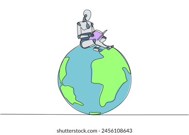 Robot inteligente de dibujo de una sola línea sentado en un libro de lectura de globo grande. La metáfora de la lectura puede llegar al mundo. Lean en todas partes. Concepto de festival del libro. Ilustración gráfica de diseño de línea continua