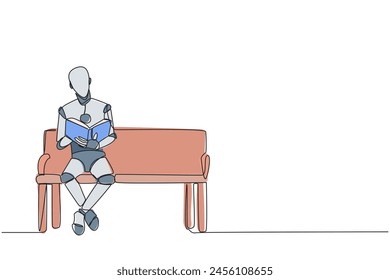 Una sola línea dibujando robot inteligente sentado leyendo en una silla en el parque universitario. Prepárese para el examen final con una lectura seria. Concepto de festival del libro. Ilustración gráfica de diseño de línea continua