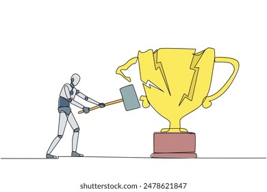 Single one line drawing smart robot preparing to hit the big trophy. Rampage. Expressing mounting anger. Smashing the trophy with a sledgehammer. Failed. Continuous line design graphic illustration