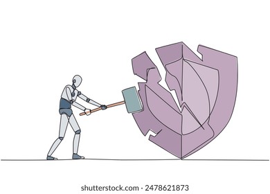 Single one line drawing smart robot preparing to hit big shield. Rampage. System is undermined by business competitors. Unfair competition. Virus attack. Continuous line design graphic illustration