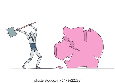 Single one line drawing smart robotic preparing to hit the big piggy bank. Running out of capital. Unprofitable business. Trying new luck. Rise again. Continuous line design graphic illustration