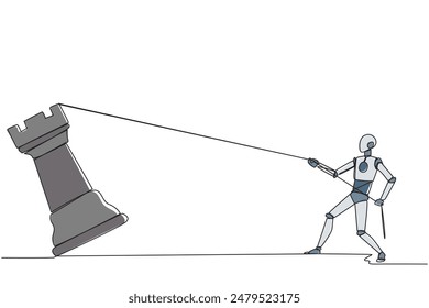 Single one line drawing smart robot future technology pulling big rook chess with rope. Business achievement goal, strategy, competitive, strategic concept. Continuous line design graphic illustration