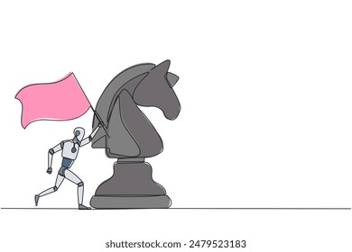 Single one line drawing smart robot future technology running and holding flag beside big horse knight chess. Business achievement goal, metaphor concept. Continuous line design graphic illustration