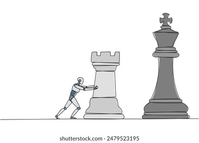 Single one line drawing smart robot future technology push huge rook chess piece. Business strategy and marketing plan. Strategic move in business concept. Continuous line design graphic illustration