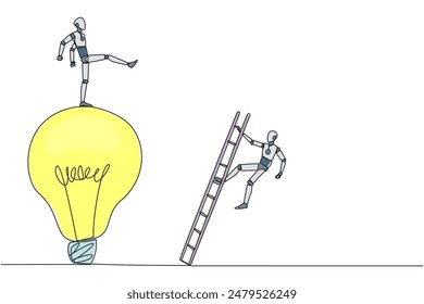 Single one line drawing smart robot kicks opponent who climbing the lightbulb with a ladder. Dropping colleague because don't have bright ideas. Traitor. Continuous line design graphic illustration