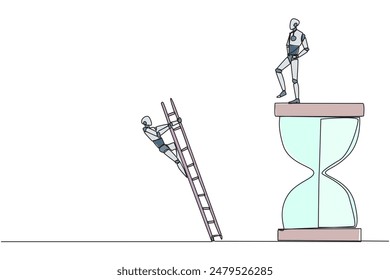 Robot inteligente de dibujo de una sola línea patea al oponente que está subiendo el reloj de arena con una escalera. No es capaz de completar bien los plazos. Se cayó bruscamente. Rival. Ilustración gráfica de diseño de línea continua