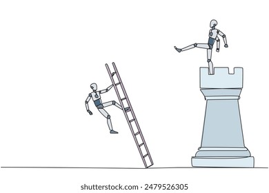 Single one line drawing smart robot kicks opponent who climbing the chess rook with ladder. Wrong move. Wrong strategy. Plan leaked by colleague. Traitor. Continuous line design graphic illustration