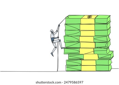 Single one line drawing smart robot climbs stack of banknotes with rope. The hard worker to raise capital to create a new business. For better future life. Continuous line design graphic illustration