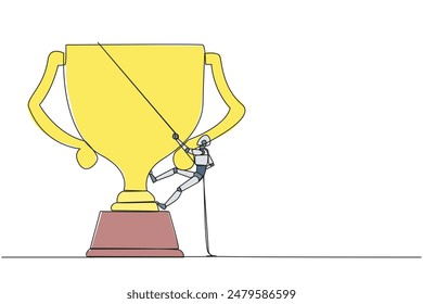 Single one line drawing smart robot climbing the trophy with the rope. Expanding branding by winning many awards. Connecting relationships. Mutual benefit. Continuous line design graphic illustration