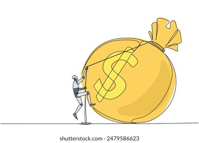 Single one line drawing smart robot climbing money bag with the rope. Work harder to get a very large retirement fund. Bring out abilities to the maximum. Continuous line design graphic illustration