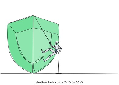 Single one line drawing smart robot climbs shield with rope. Working to help clients secure servers from virus attacks. Check each layer. Smart work hard. Continuous line design graphic illustration