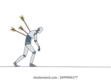 Einzeilige Zeichnung intelligenten Roboter stehend und mehrere Pfeile in der Rückseite stecken. Von hinten angegriffen. Zerstört und hilflos. Ein falscher Partner. Verräter. Grafische Illustration zum Liniendesign