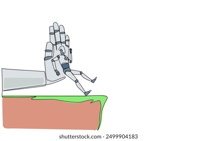 Single one line drawing smart robot standing on the edge of a cliff. Something big wants to bring down the business. Invisible enemy. Bring down competitor. Continuous line design graphic illustration