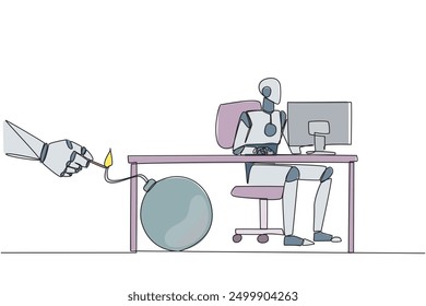 Single one line drawing smart robot typing at a computer desk. Trapped by business partner. A bomb that could explode at any time. Betrayed by a colleague. Continuous line design graphic illustration