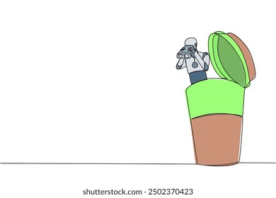 Single one line drawing a smart robot emerges from paper cup looking for something through binoculars. Scan. Analyze how good fast food drinks are. Rating. Continuous line design graphic illustration