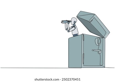 Single one line drawing a smart robot emerges from safe deposit box looking for something with binoculars. Scan. Analyzing security. Advanced requirements. Continuous line design graphic illustration