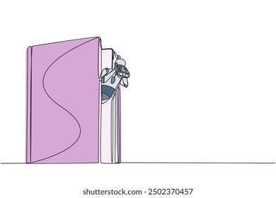 Single one line drawing a smart robot emerges from an old book looking for something through binoculars. Scan quickly. Reliable future technology. Hi tech. Continuous line design graphic illustration