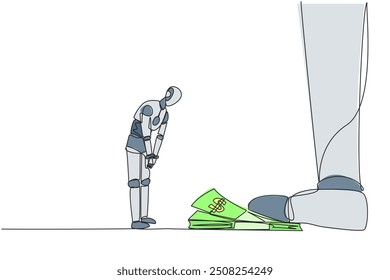 Single one line drawing smart robot nodded in front of giant foot stepping on stack of banknotes. Obedient robot. Profit-making robot. Future technology. Continuous line design graphic illustration