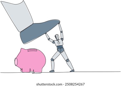 Single one line drawing smart robot holds back giant foot wants to step on piggy bank. Maintain investment value to remain high. Future technology concept. Continuous line design graphic illustration